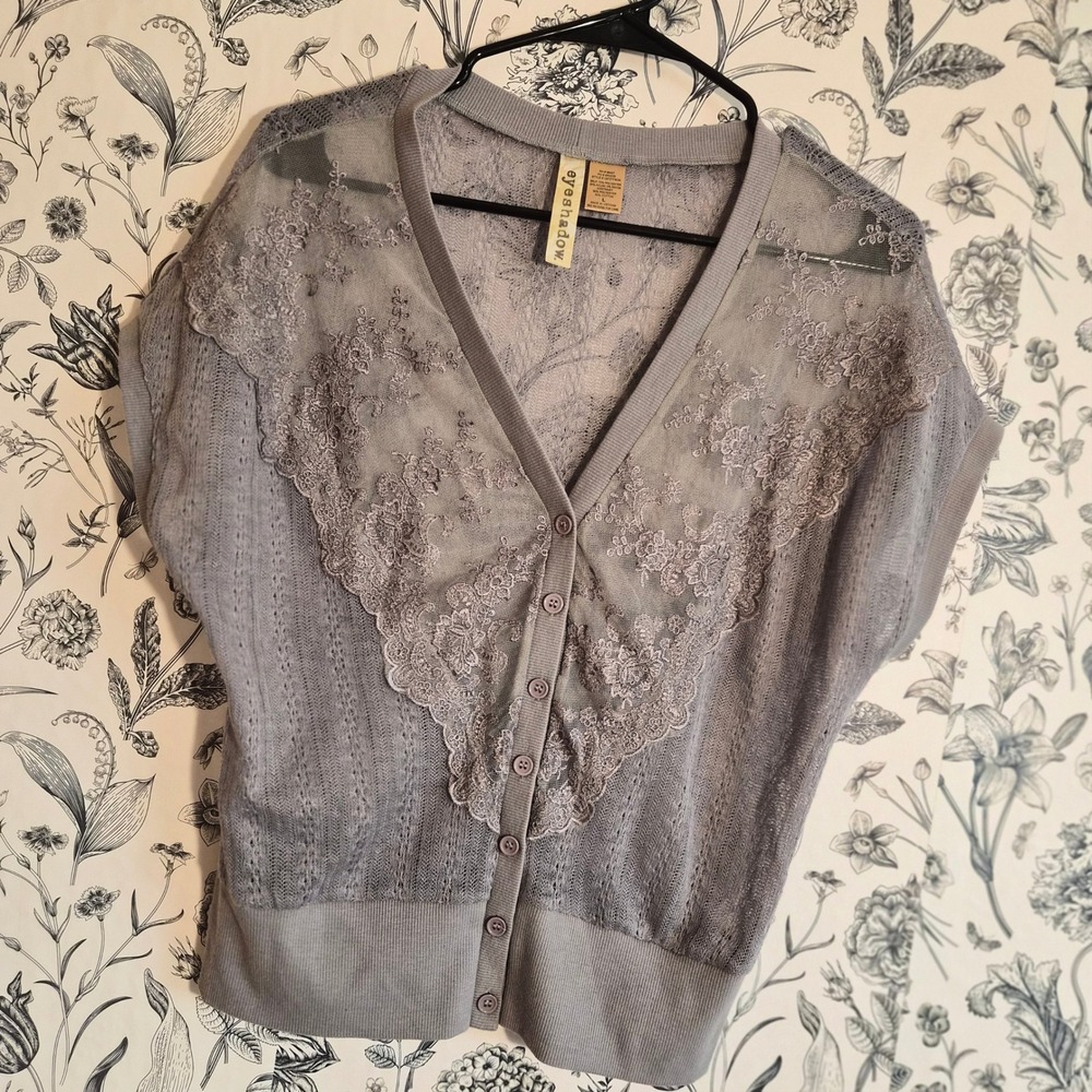 Eyeshadow Womens Large Grey Pointelle Open Knit Lace Yoke Short Cardigan Boho
